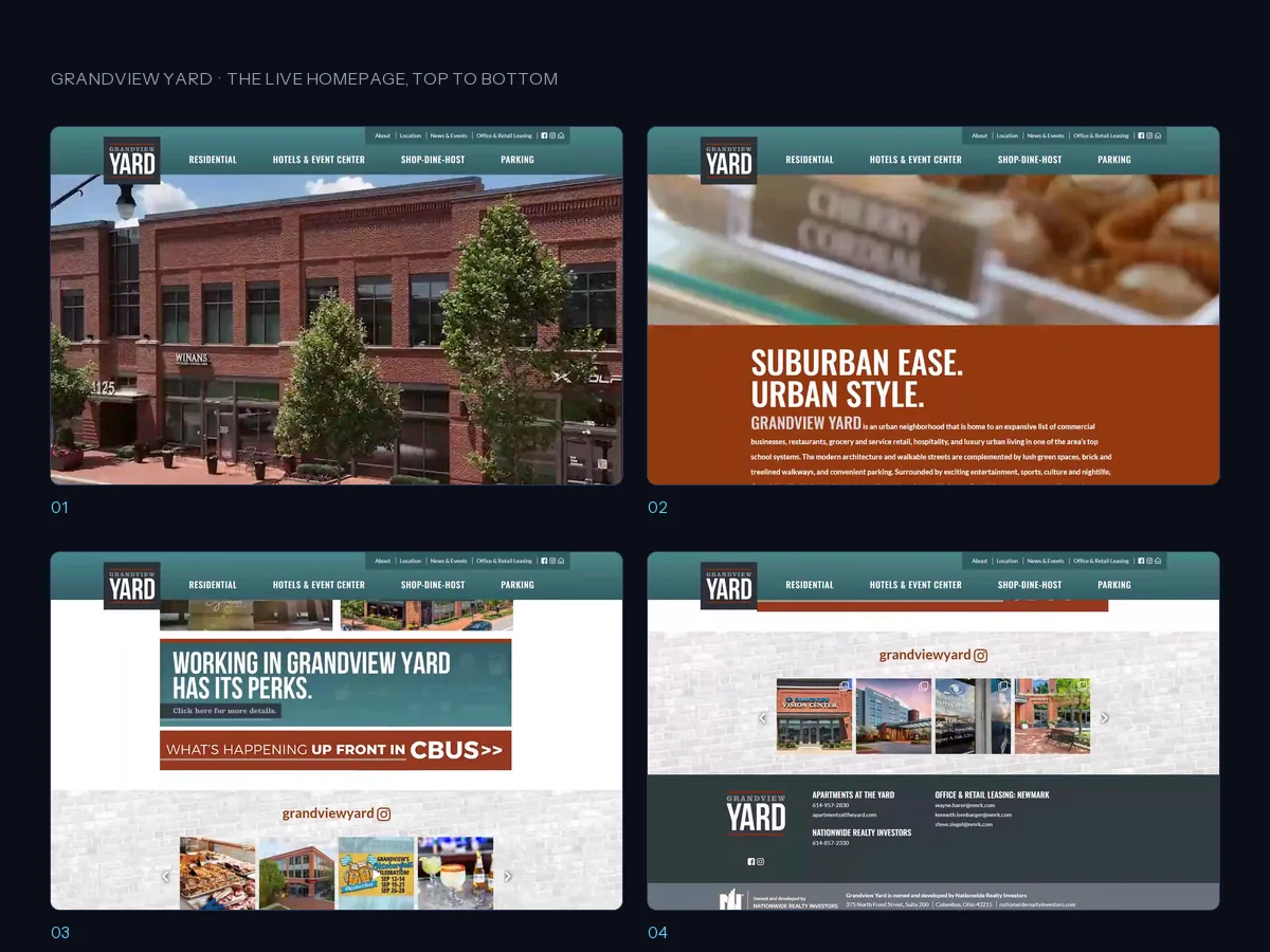 Four frames of the live Grandview Yard homepage, from the hero down to the footer