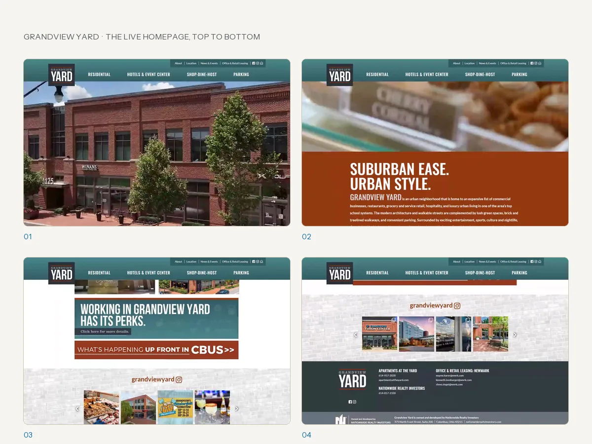 Four frames of the live Grandview Yard homepage, from the hero down to the footer