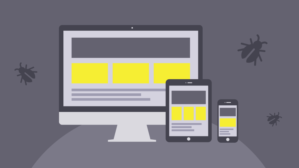 Illustration of computer, tablet and phone. bugs surround the devices.