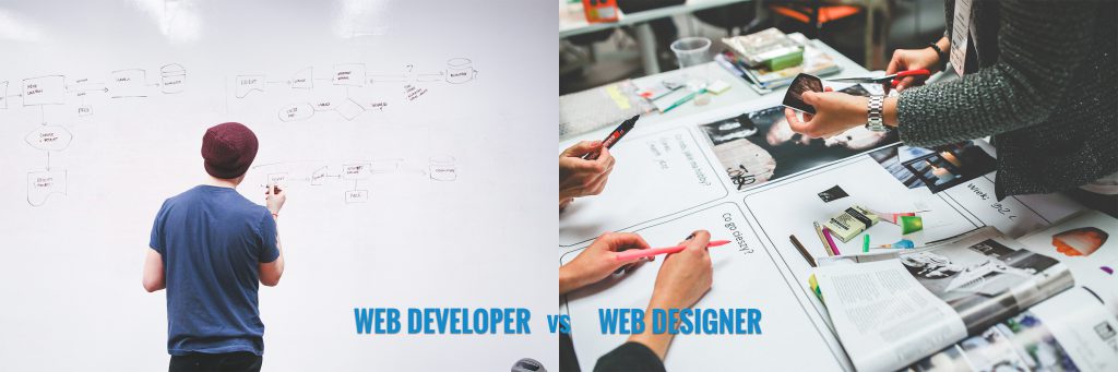 Image showing two different images. Left image shows man in beanie standing in front of a white board. The text below him says "web developers." The right image shows a couple of people working around a desk cutting out images, from magazines. The text below says "web designers"