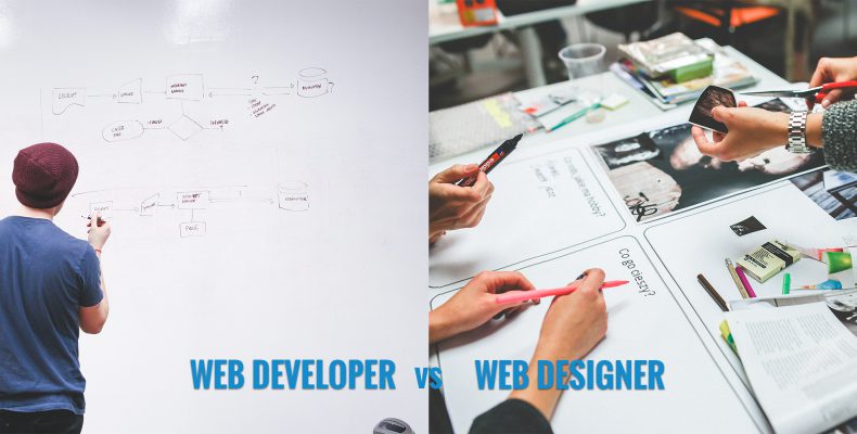 Image showing two different images. Left image shows man in beanie standing in front of a white board. The text below him says "web developers." The right image shows a couple of people working around a desk cutting out images, from magazines. The text below says "web designers"