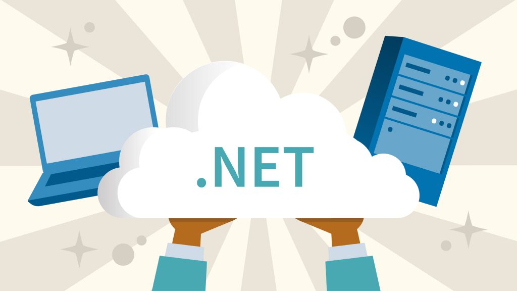 Illustration of a cloud, pc tower and laptop. text saying ".Net" is placed in the center of the cloud.