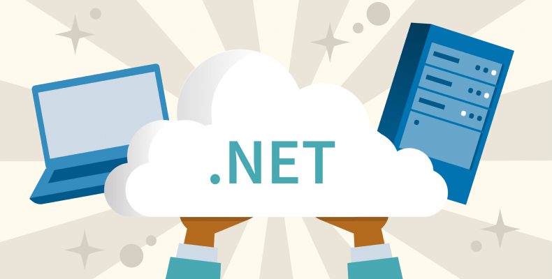 Illustration of a cloud, pc tower and laptop. text saying ".Net" is placed in the center of the cloud.