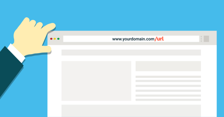 Illustration of a web browser, with the address bar displaying "www.yourdomain.com/url." URL is emphasized in red. A hand is seen holding up the webpage on the left hand side.