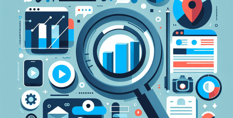 Professional SEO illustration with analytics charts and search optimization symbols for latest trends article