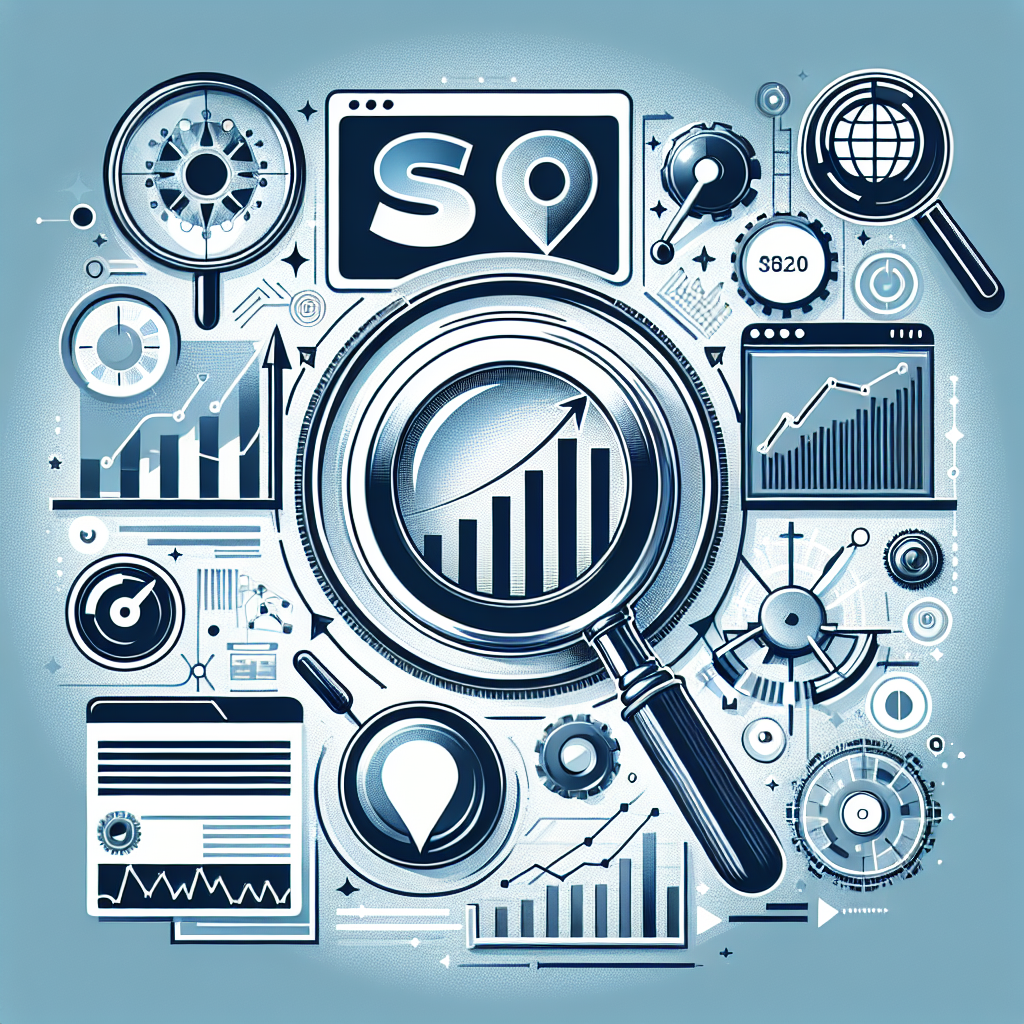 Professional SEO illustration with analytics charts and search optimization symbols for latest trends article