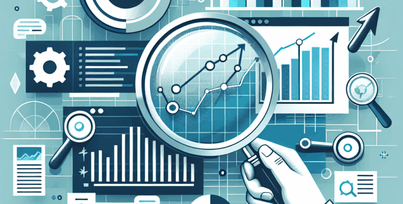 Professional SEO illustration with analytics charts and search optimization symbols for latest trends article