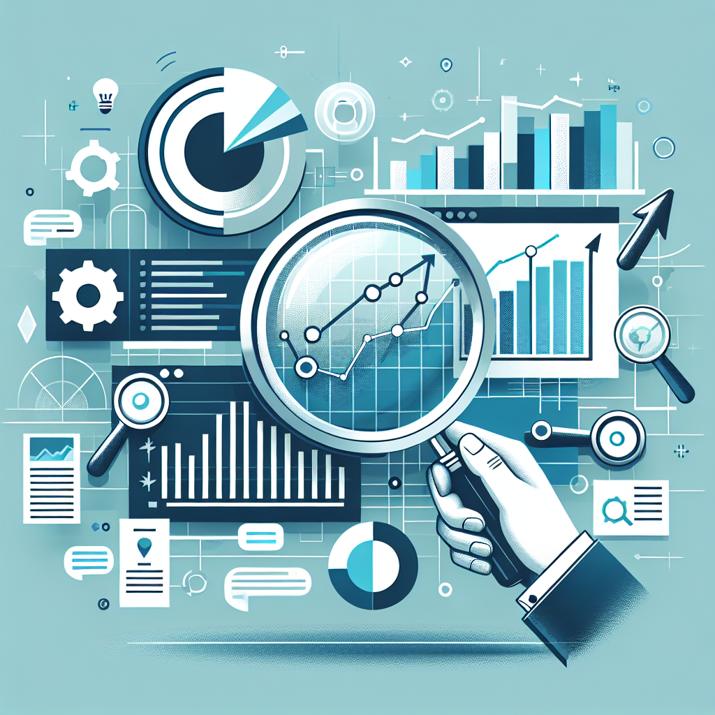 Professional SEO illustration with analytics charts and search optimization symbols for latest trends article