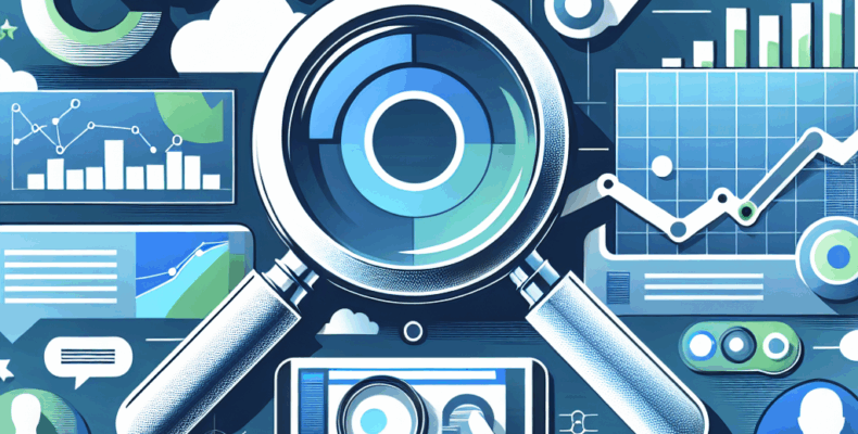 Professional SEO illustration with analytics charts and search optimization symbols for latest trends article