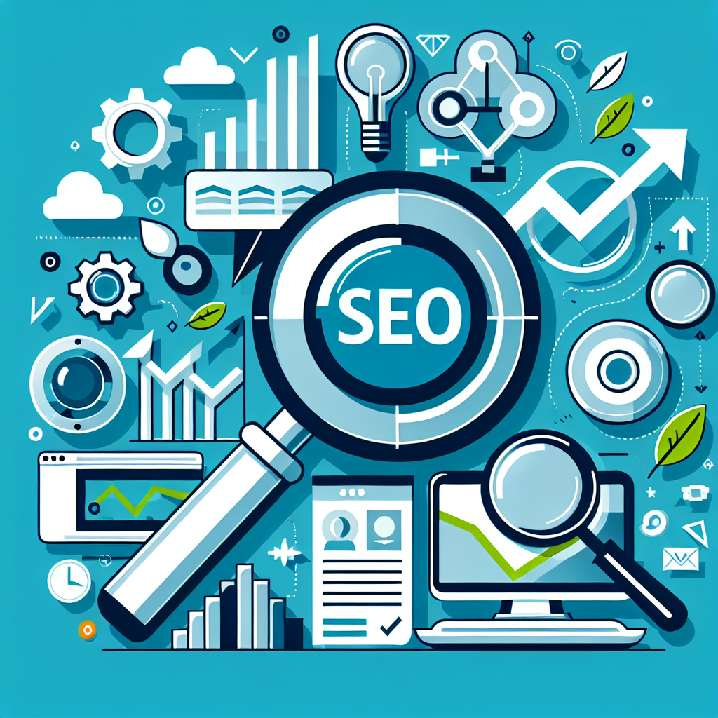 Professional SEO illustration with analytics charts and search optimization symbols for latest trends article