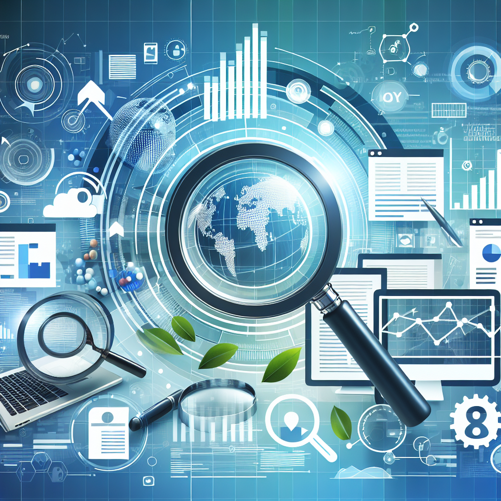 Professional SEO illustration with analytics charts and search optimization symbols for latest trends article