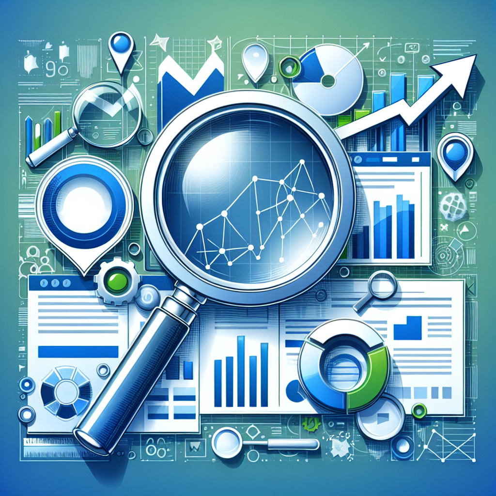 Professional SEO illustration with analytics charts and search optimization symbols for latest trends article