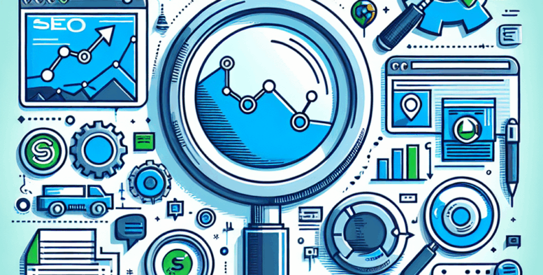 Professional SEO illustration with analytics charts and search optimization symbols for latest trends article