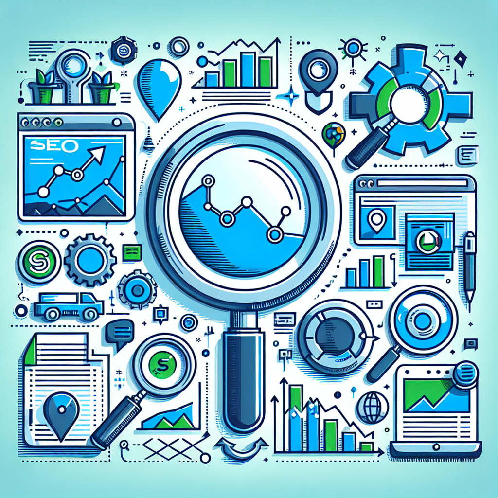 Professional SEO illustration with analytics charts and search optimization symbols for latest trends article