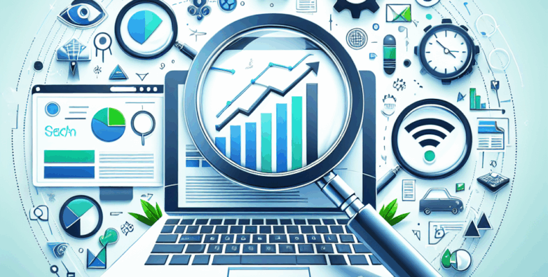 Professional SEO illustration with analytics charts and search optimization symbols for latest trends article