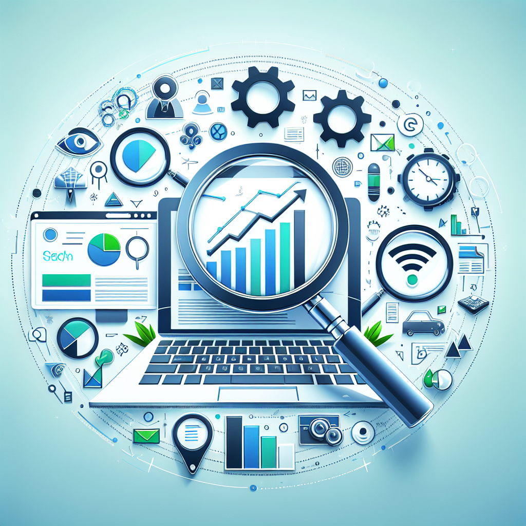 Professional SEO illustration with analytics charts and search optimization symbols for latest trends article