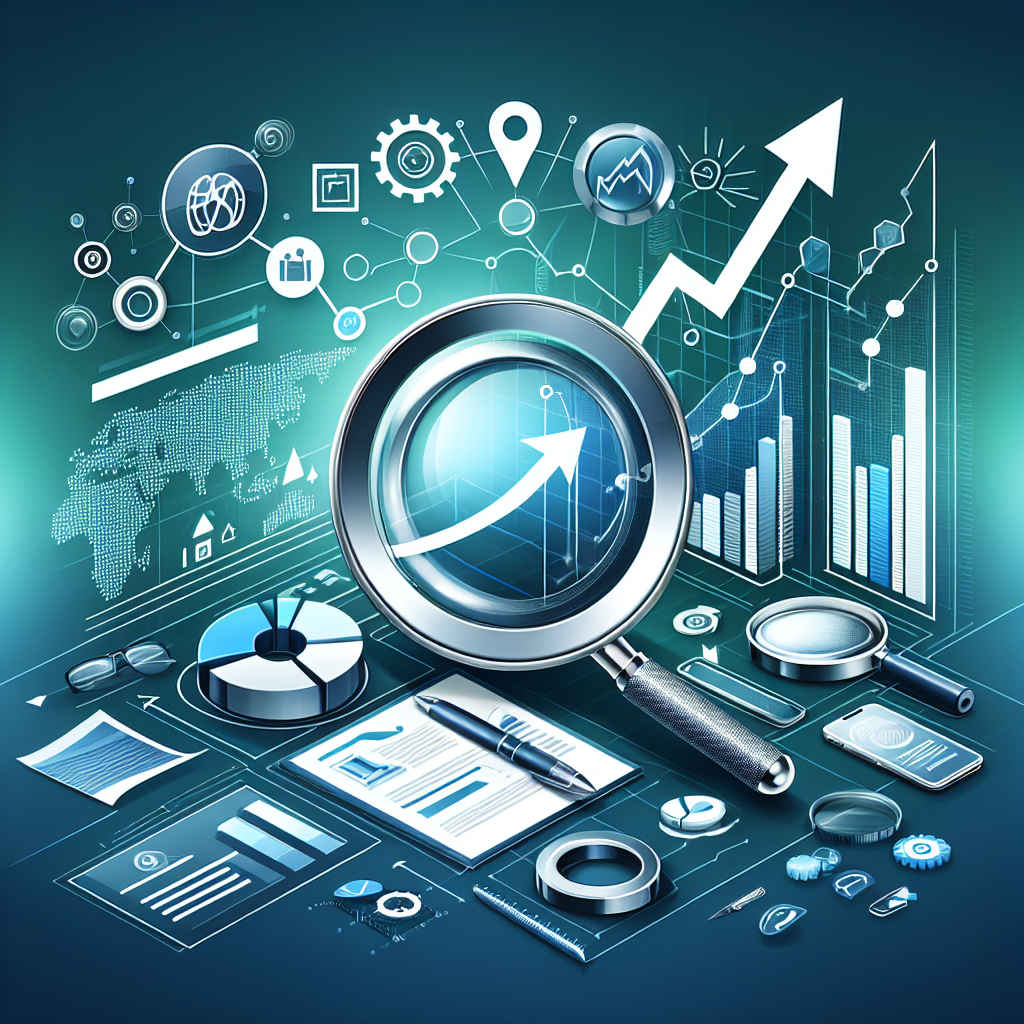 Professional SEO illustration with analytics charts and search optimization symbols for latest trends article