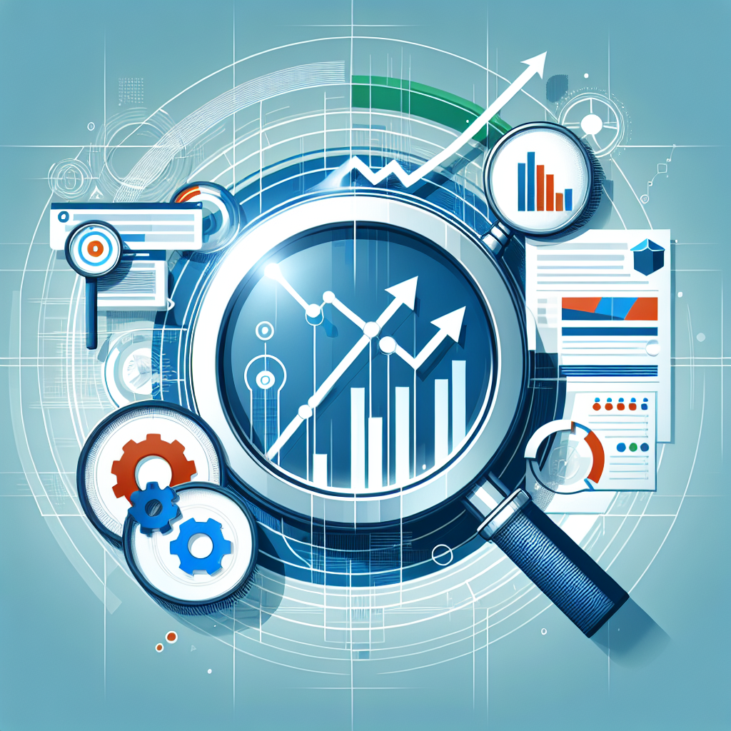 Professional SEO illustration with analytics charts and search optimization symbols for latest trends article