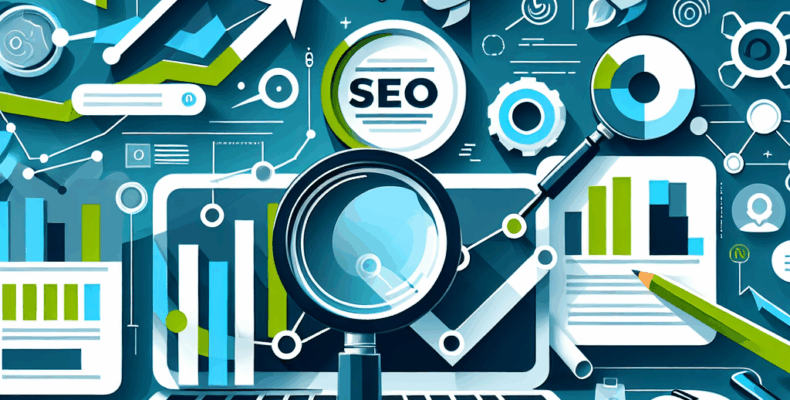 Professional SEO illustration with analytics charts and search optimization symbols for latest trends article