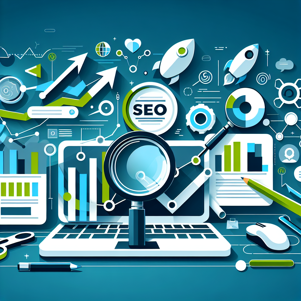 Professional SEO illustration with analytics charts and search optimization symbols for latest trends article