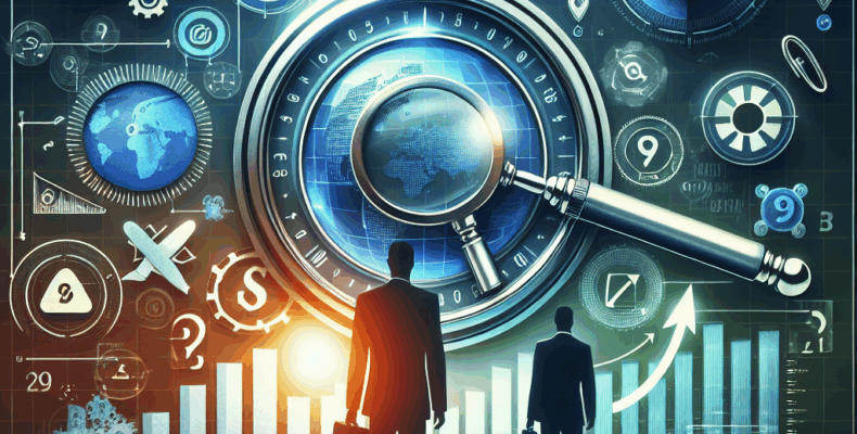 Professional SEO illustration with analytics charts and search optimization symbols for latest trends article