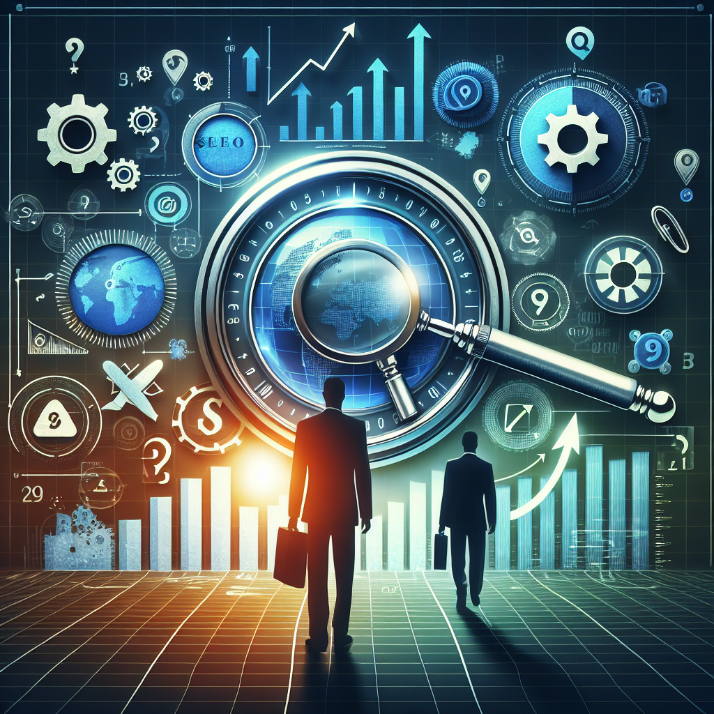 Professional SEO illustration with analytics charts and search optimization symbols for latest trends article