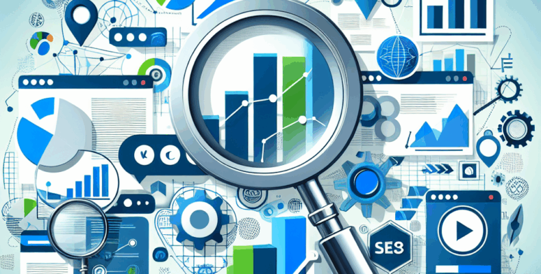 Professional SEO illustration with analytics charts and search optimization symbols for latest trends article