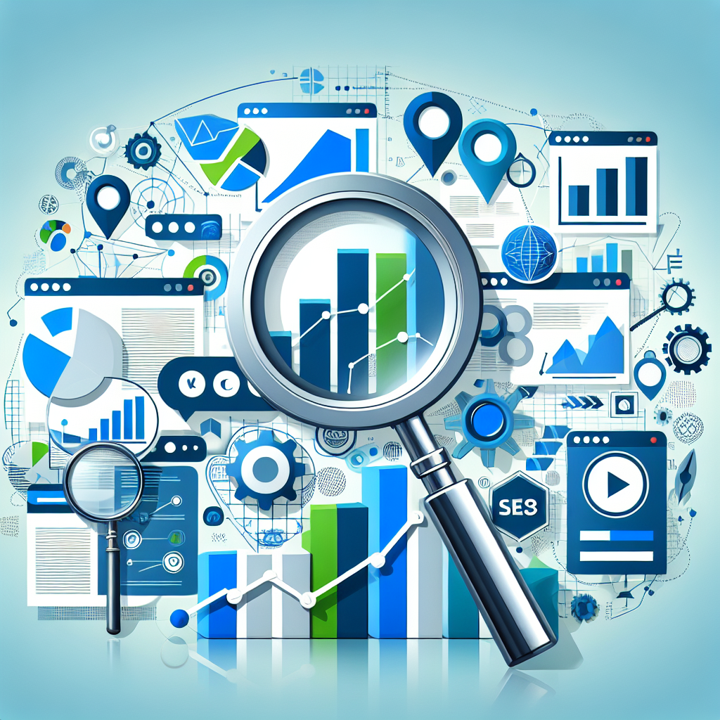 Professional SEO illustration with analytics charts and search optimization symbols for latest trends article