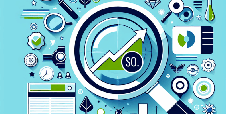 Professional SEO illustration with analytics charts and search optimization symbols for latest trends article