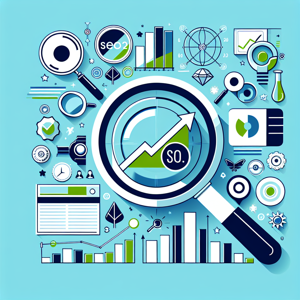 Professional SEO illustration with analytics charts and search optimization symbols for latest trends article