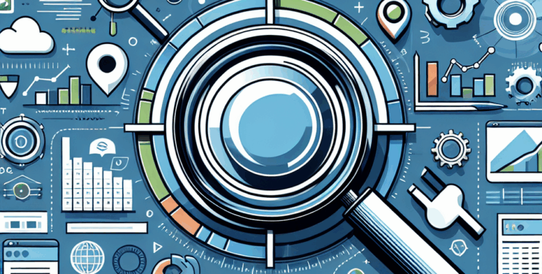 Professional SEO illustration with analytics charts and search optimization symbols for latest trends article