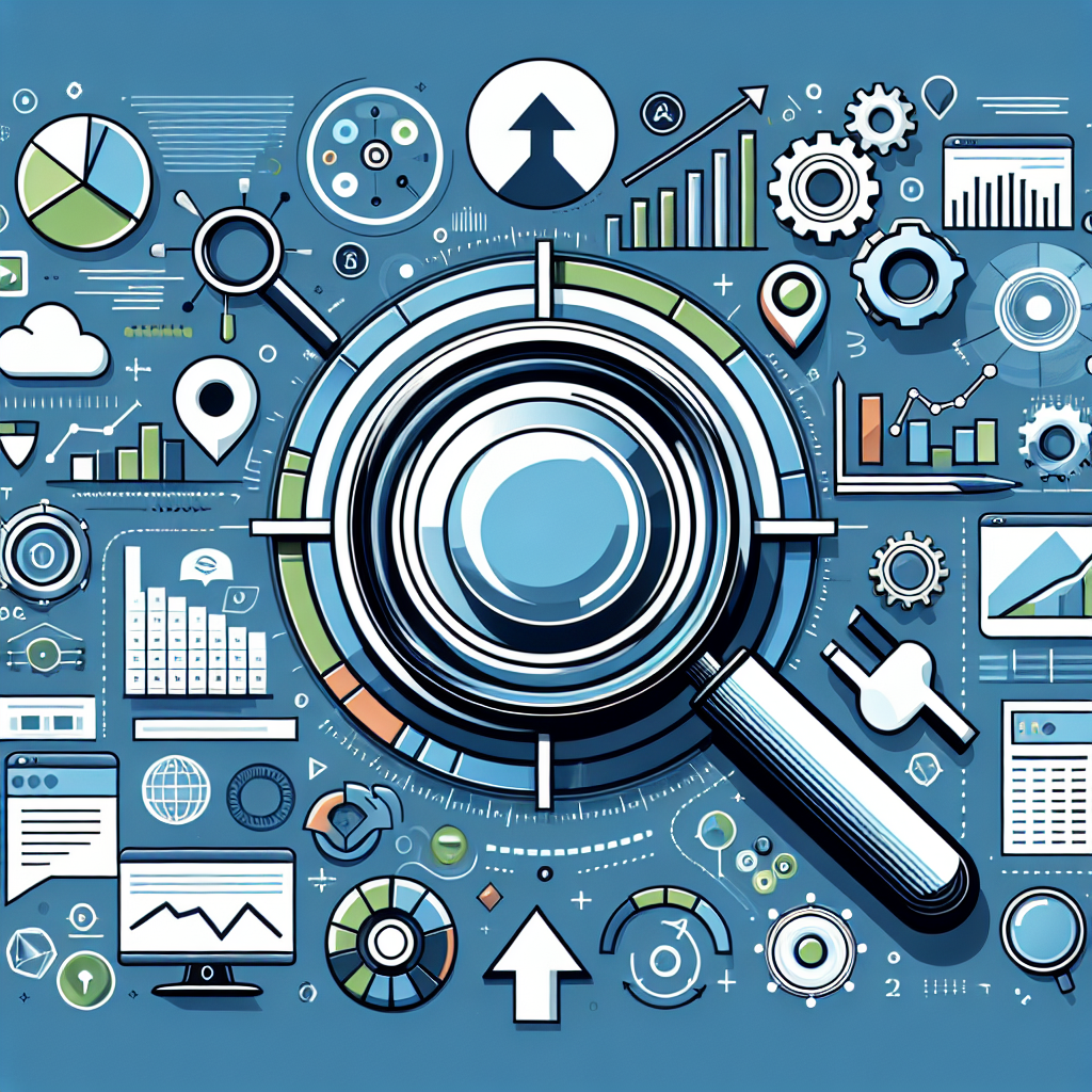 Professional SEO illustration with analytics charts and search optimization symbols for latest trends article