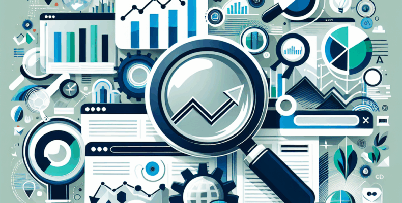 Professional SEO illustration with analytics charts and search optimization symbols for latest trends article