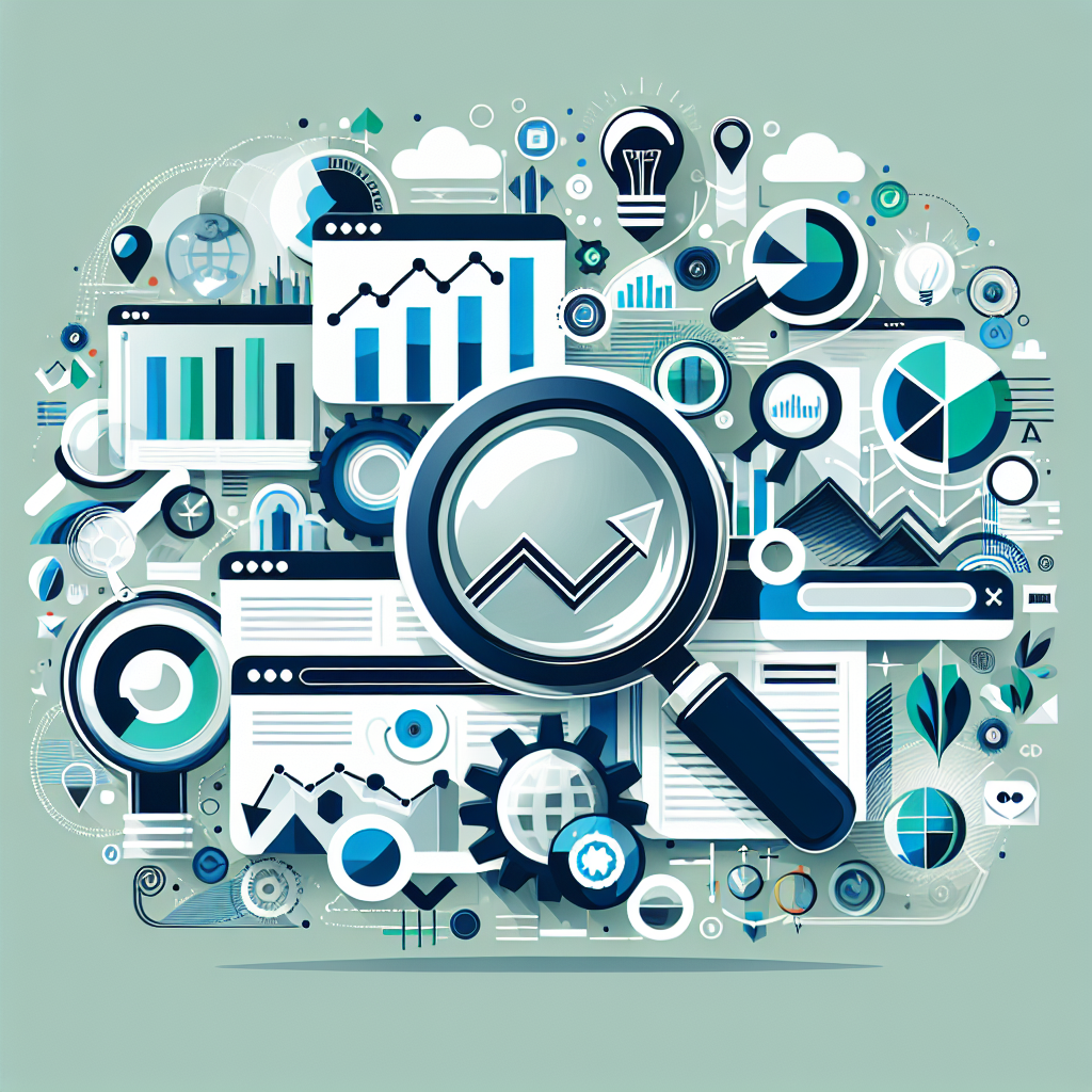 Professional SEO illustration with analytics charts and search optimization symbols for latest trends article