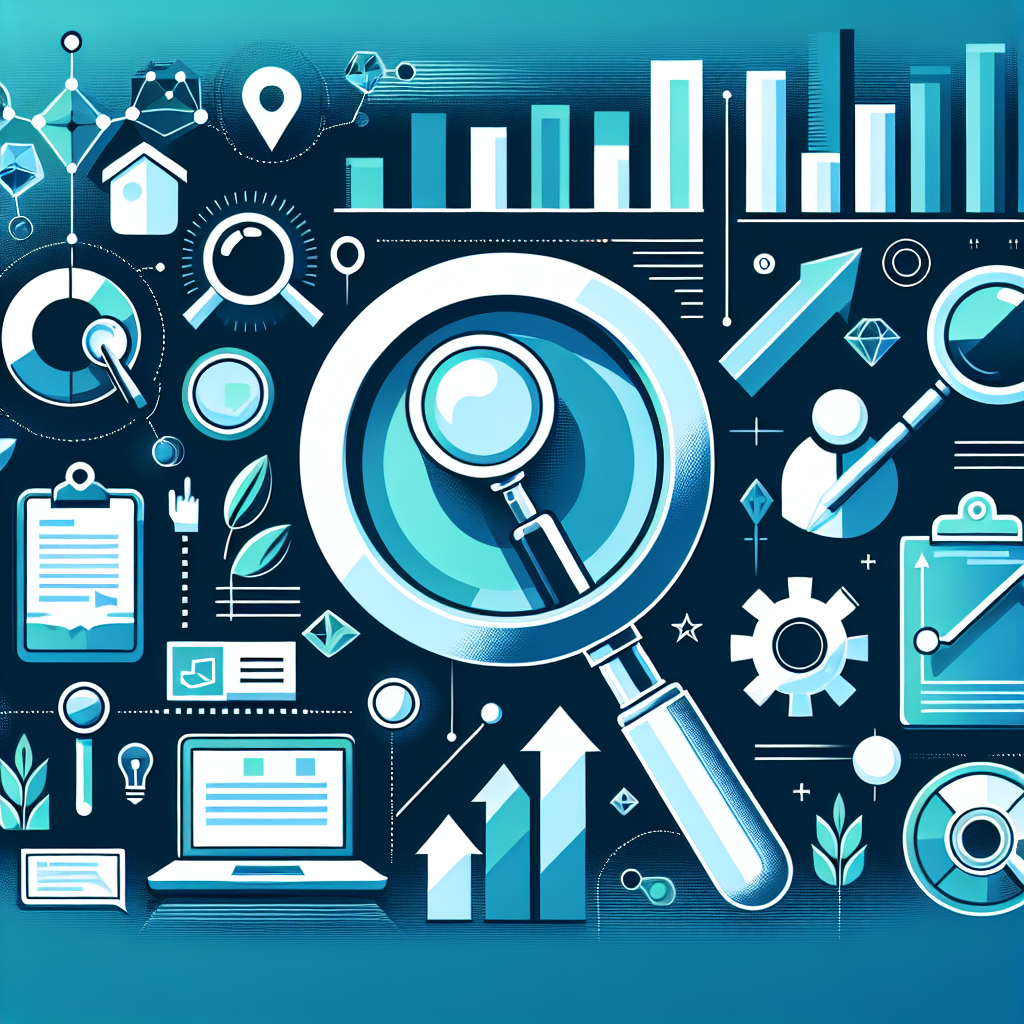 Professional SEO illustration with analytics charts and search optimization symbols for latest trends article