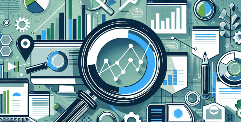 Professional SEO illustration with analytics charts and search optimization symbols for latest trends article