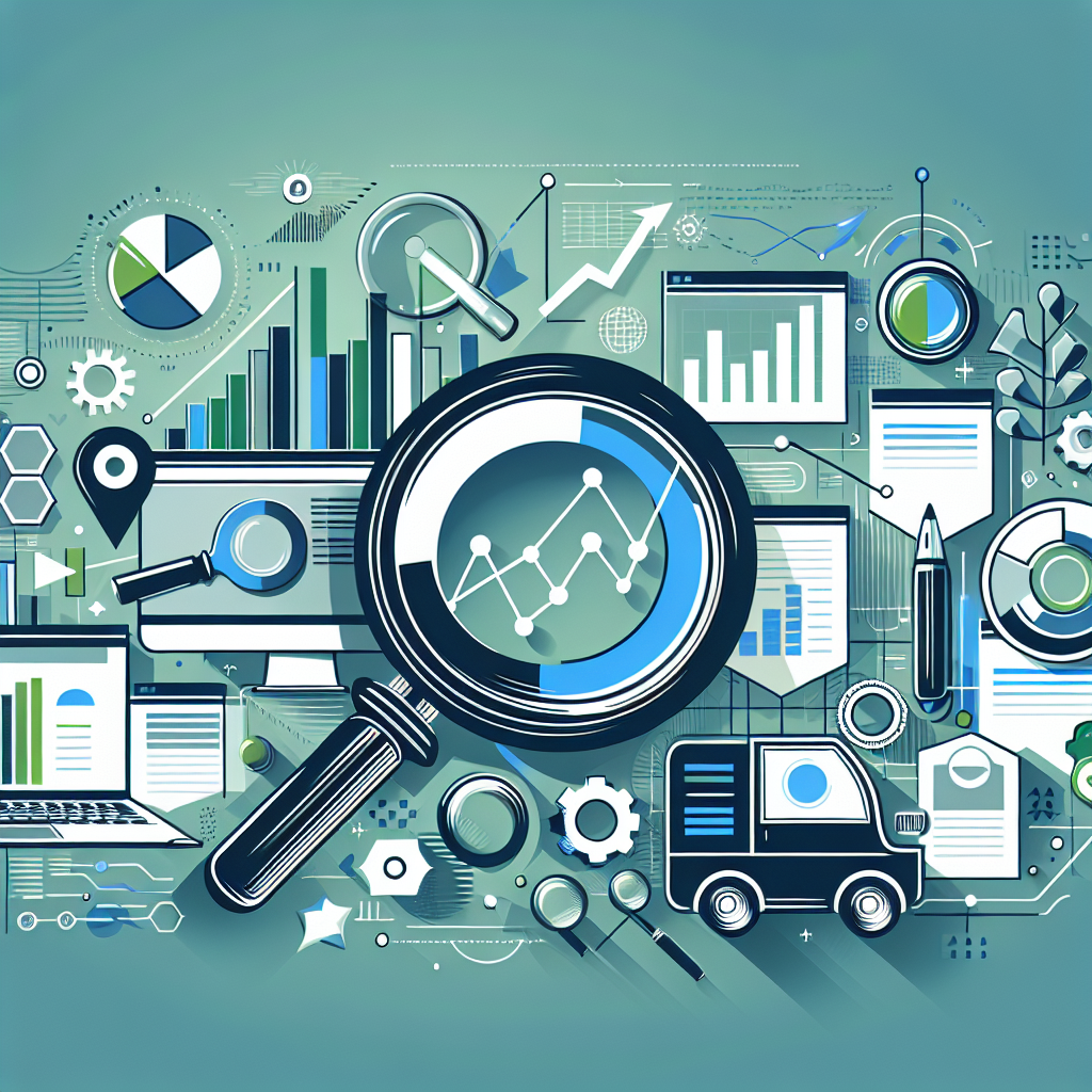 Professional SEO illustration with analytics charts and search optimization symbols for latest trends article