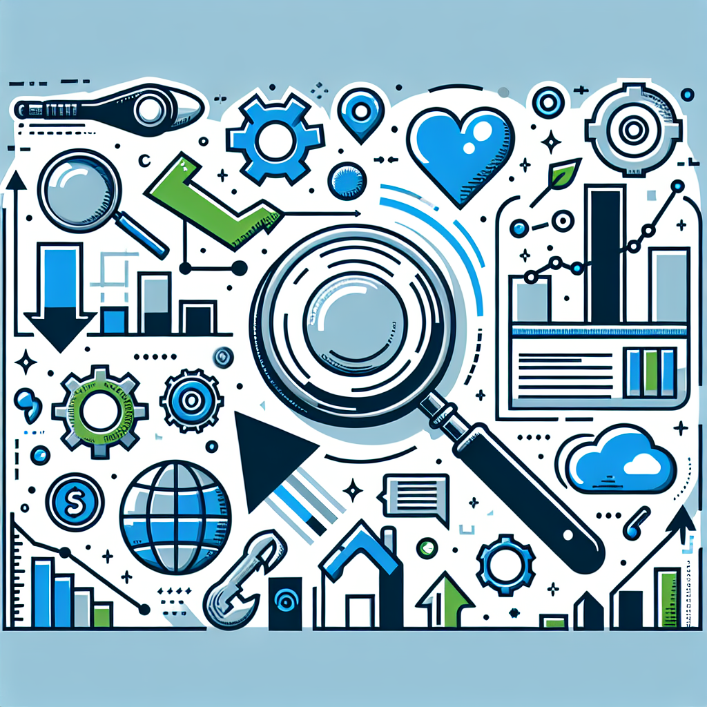 Professional SEO illustration with analytics charts and search optimization symbols for latest trends article