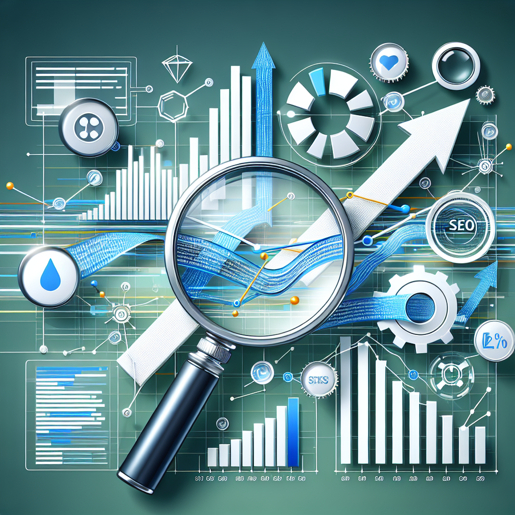 Professional SEO illustration with analytics charts and search optimization symbols for latest trends article