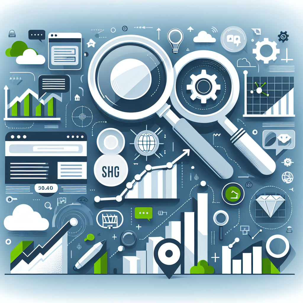 Professional SEO illustration with analytics charts and search optimization symbols for latest trends article