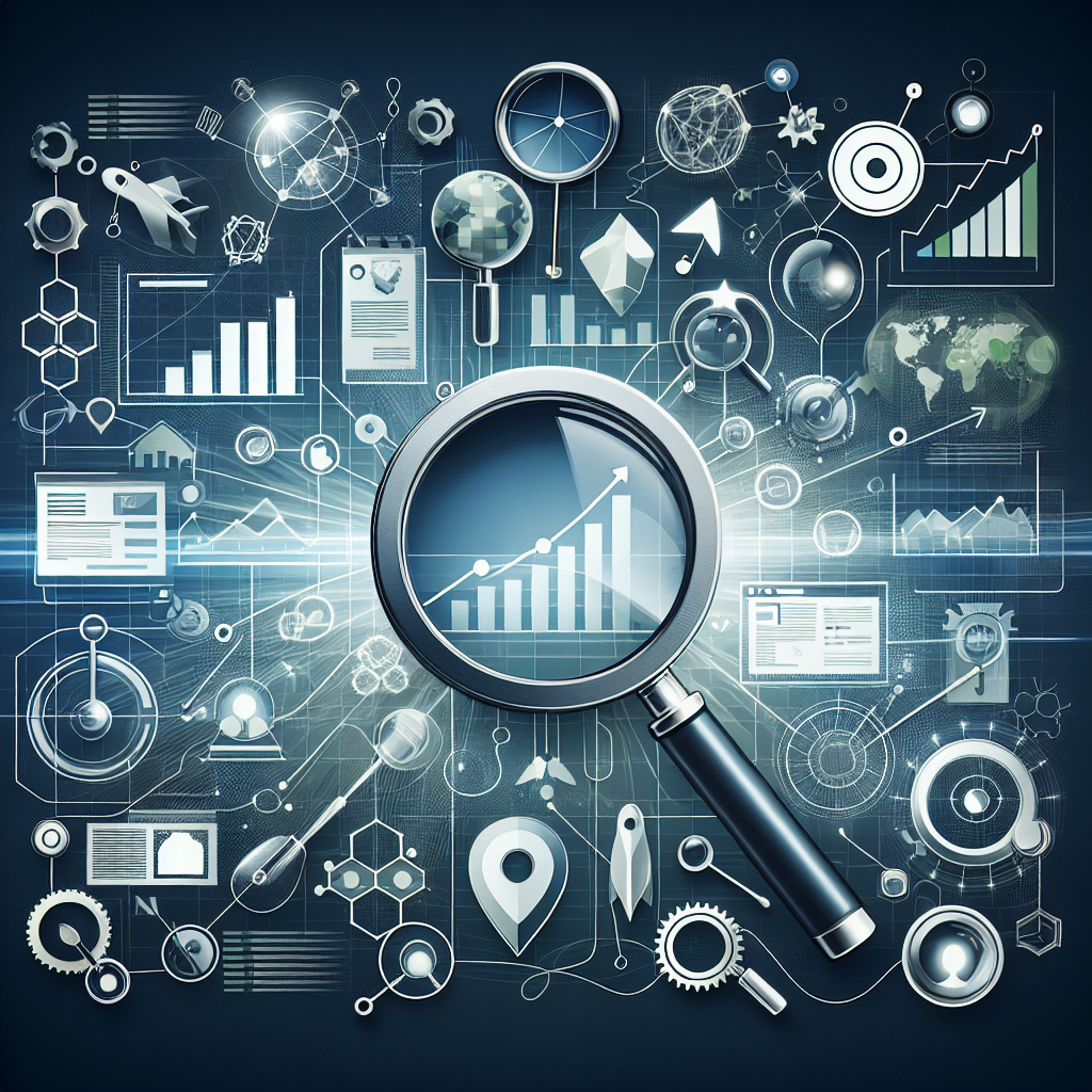 Professional SEO illustration with analytics charts and search optimization symbols for latest trends article