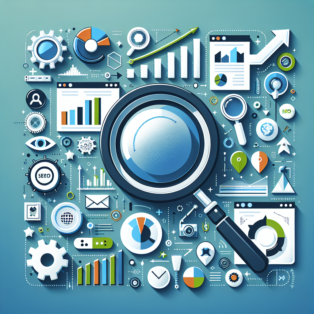 Professional SEO illustration with analytics charts and search optimization symbols for latest trends article