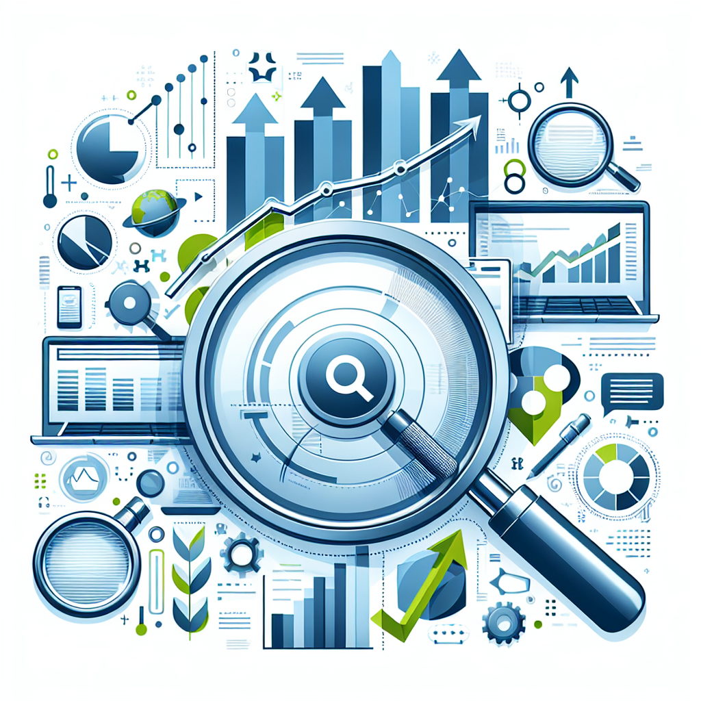 Professional SEO illustration with analytics charts and search optimization symbols for latest trends article