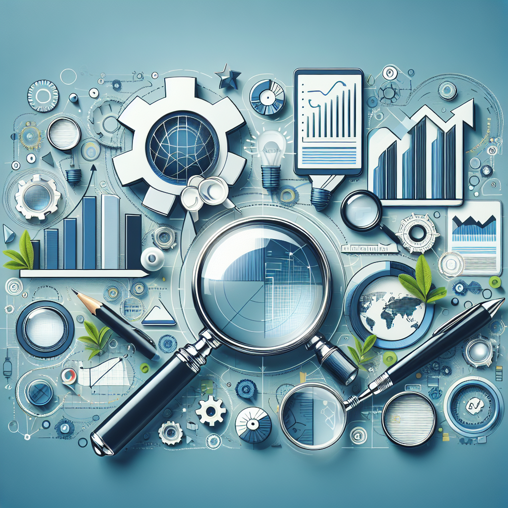 Professional SEO illustration with analytics charts and search optimization symbols for latest trends article