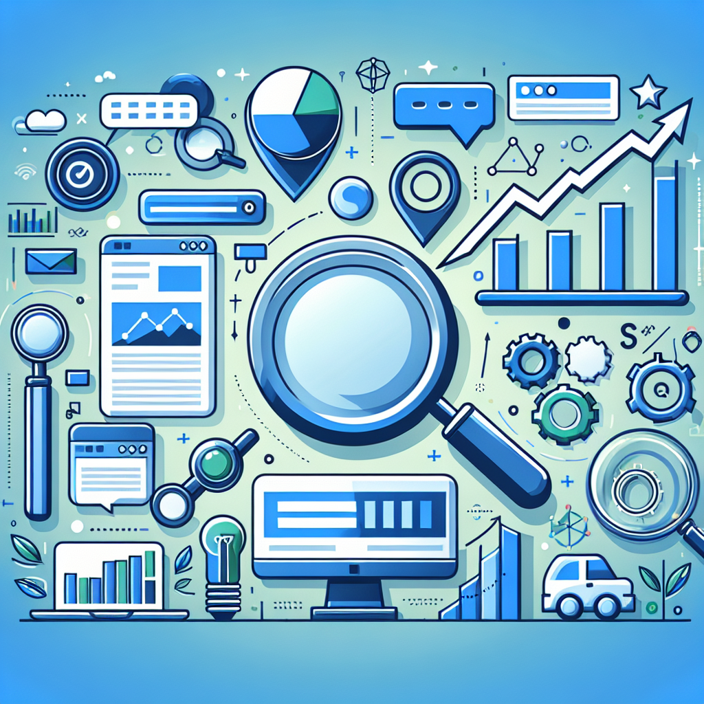 Professional SEO illustration with analytics charts and search optimization symbols for latest trends article