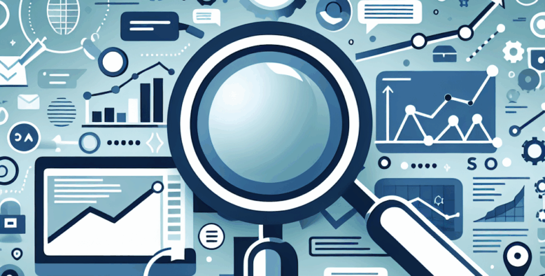 Professional SEO illustration with analytics charts and search optimization symbols for latest trends article