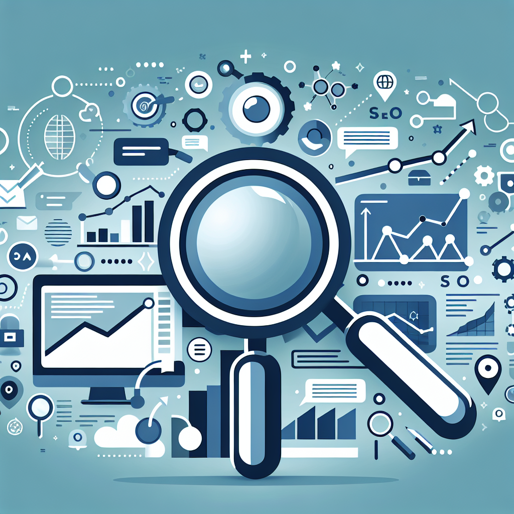 Professional SEO illustration with analytics charts and search optimization symbols for latest trends article