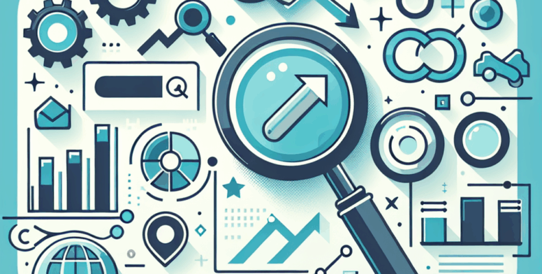 Professional SEO illustration with analytics charts and search optimization symbols for latest trends article