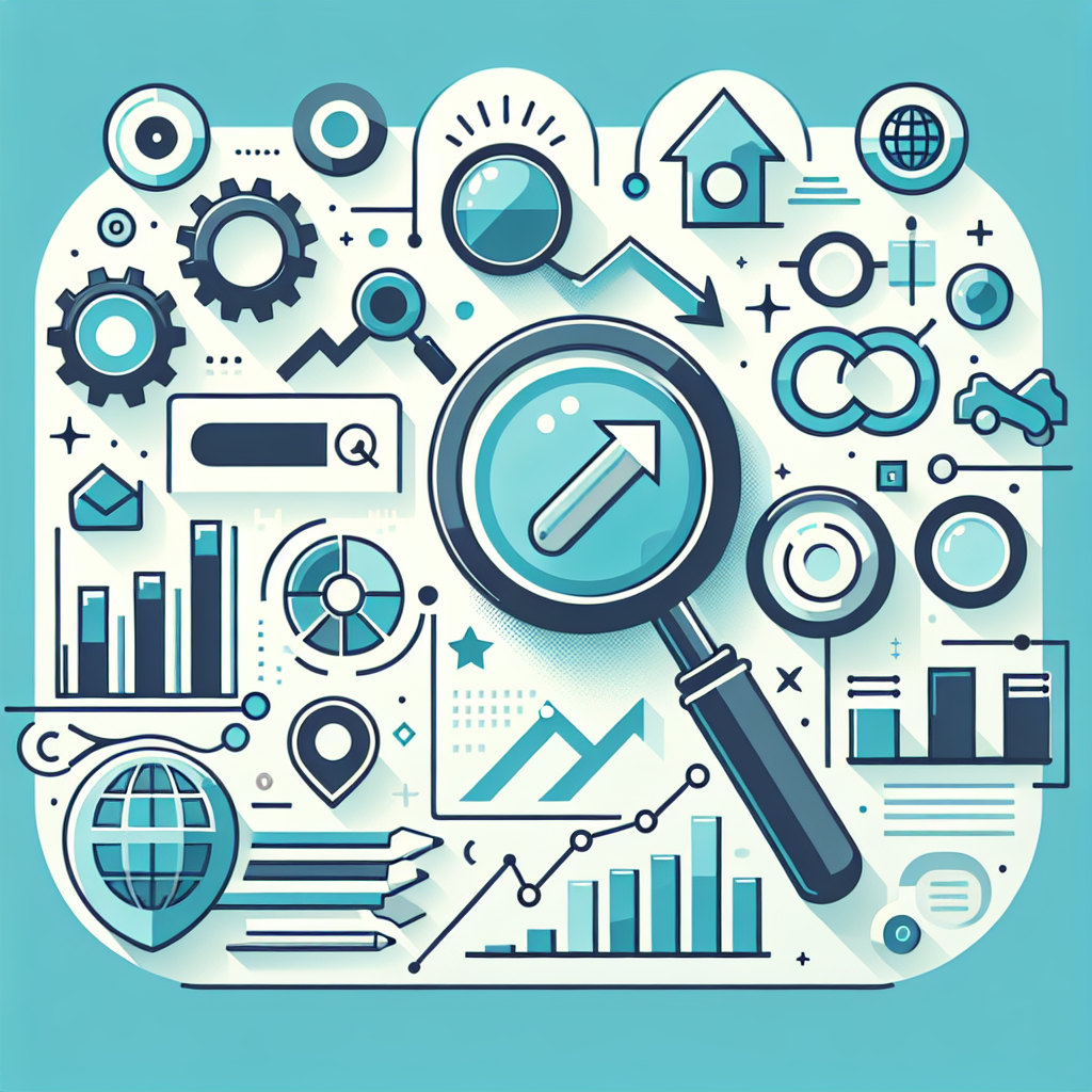 Professional SEO illustration with analytics charts and search optimization symbols for latest trends article