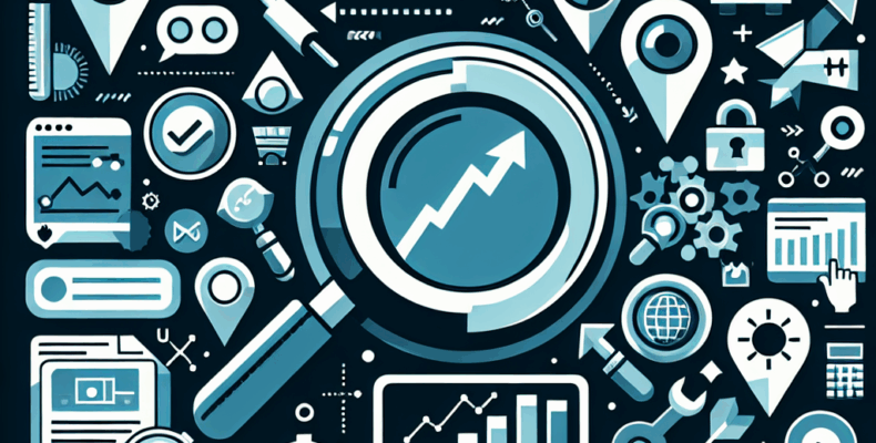 Professional SEO illustration with analytics charts and search optimization symbols for latest trends article